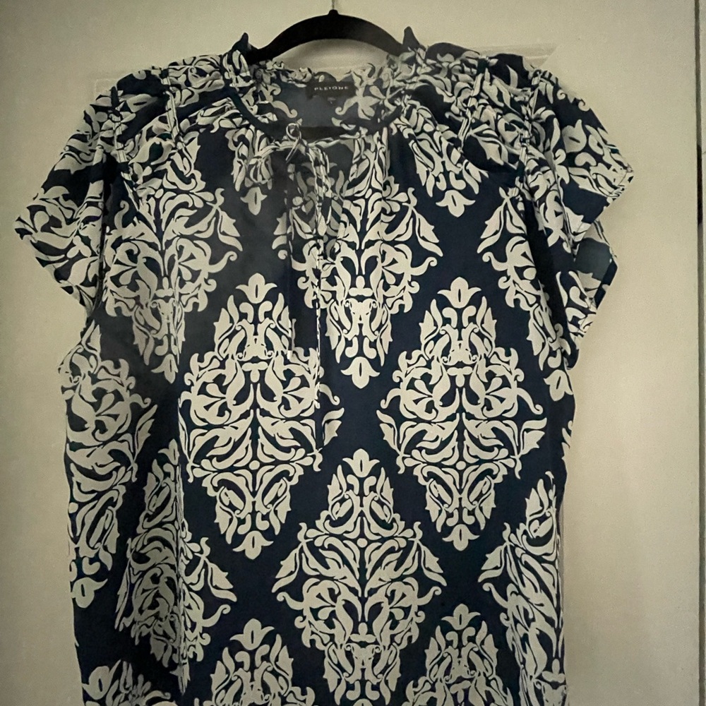 Pleione Navy and White Damask Blouse